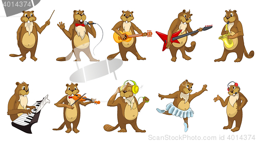 Image of Vector set of cute beavers music illustrations.