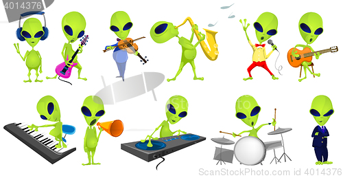 Image of Vector set of green aliens music illustrations.