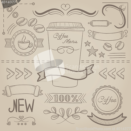 Image of Set of labels, ribbons, frames for coffe menu.