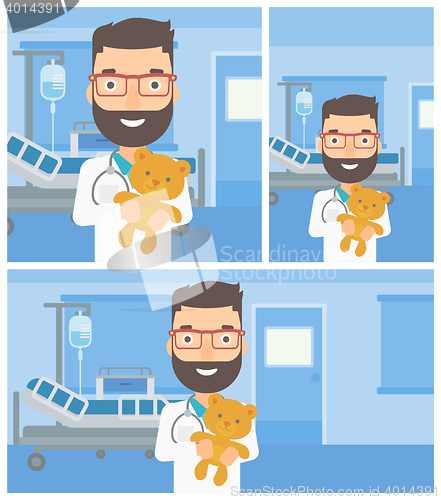 Image of Pediatrician doctor holding teddy bear.