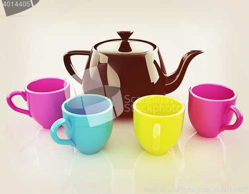 Image of colorfall cups and teapot. 3D illustration. Vintage style.