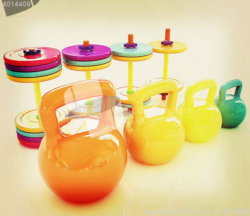 Image of Colorful weights and dumbbells . 3D illustration. Vintage style.