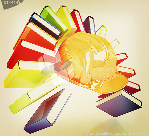Image of Colorful books like the rainbow and hard hat . 3D illustration. 