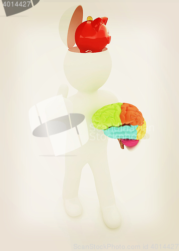 Image of 3d people - man with half head, brain and trumb up. Saving conce