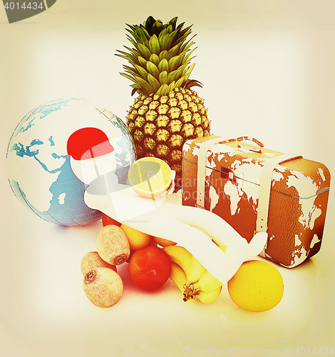 Image of 3d man with citrus,earth and traveler\'s suitcase . 3D illustrati