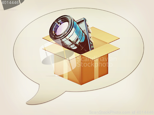 Image of messenger window icon and camera out of the box . 3D illustratio