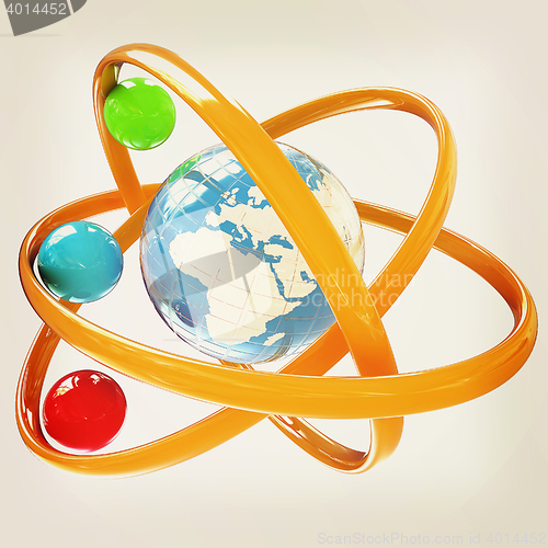 Image of 3d atom. Global concept. 3D illustration. Vintage style.