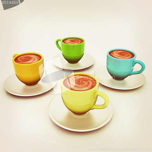 Image of Coffee cups on saucer. 3D illustration. Vintage style.