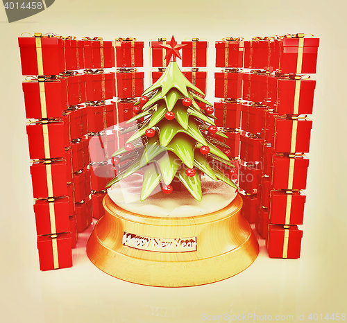 Image of Christmas tree and gifts. 3D illustration. Vintage style.