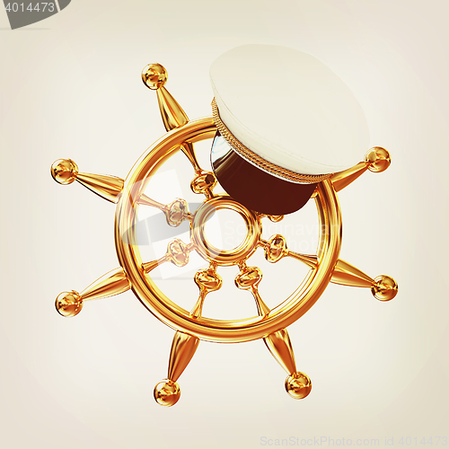 Image of Marine cap on gold marine steering wheel . 3D illustration. Vint