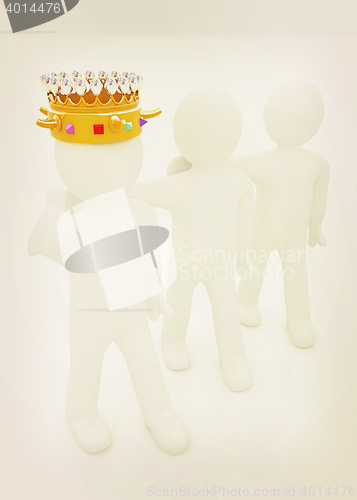 Image of 3d people - man, person with a golden crown and 3d man. 3D illus