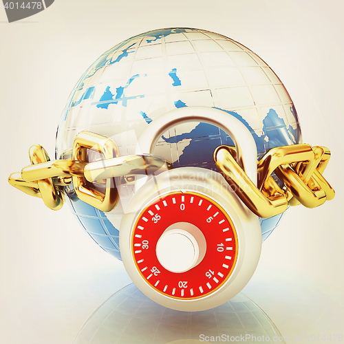 Image of Earth globe close in chain and padlock . 3D illustration. Vintag