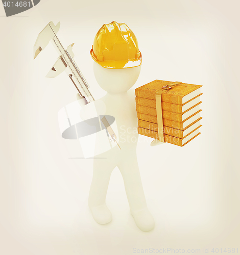 Image of 3d man engineer in hard hat with vernier caliper and best techni