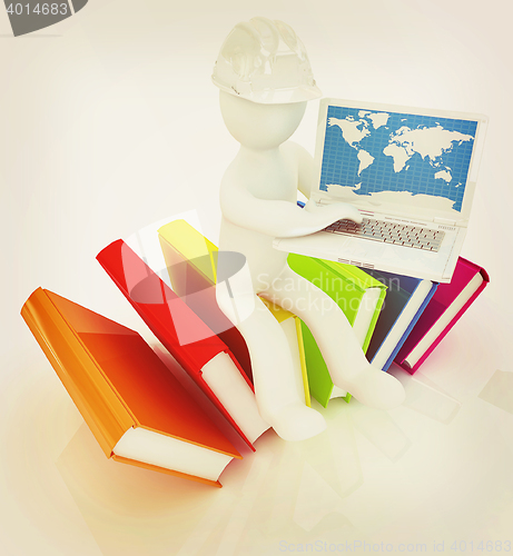 Image of 3d man in hard hat sitting on books and working at his laptop . 