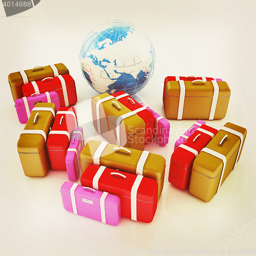 Image of travel bags and earth on white . 3D illustration. Vintage style.