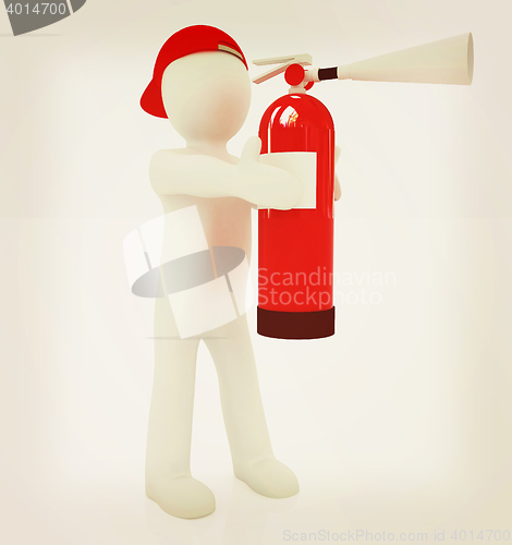 Image of 3d man with red fire extinguisher . 3D illustration. Vintage sty