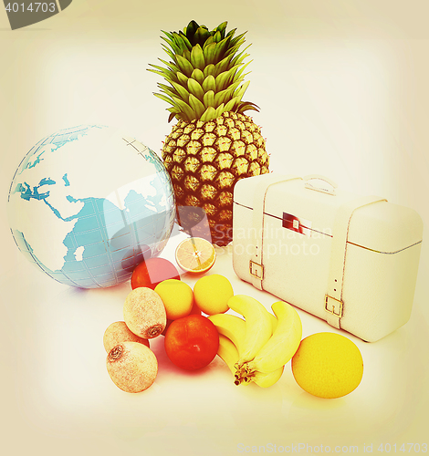 Image of Citrus,earth and traveler\'s suitcase . 3D illustration. Vintage 