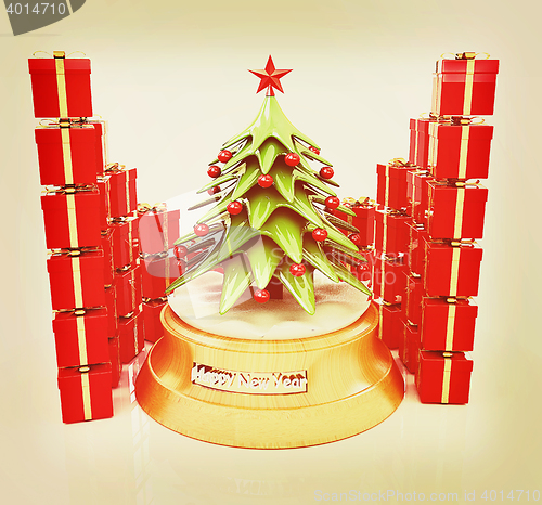 Image of Christmas tree and gifts. 3D illustration. Vintage style.