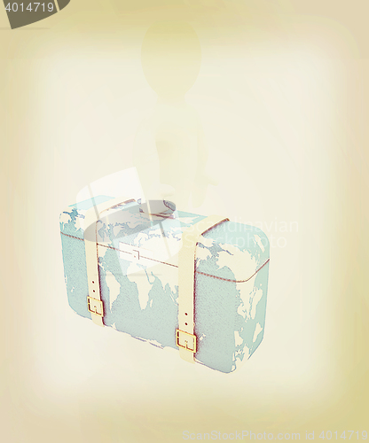 Image of Leather suitcase for travel with 3d man . 3D illustration. Vinta