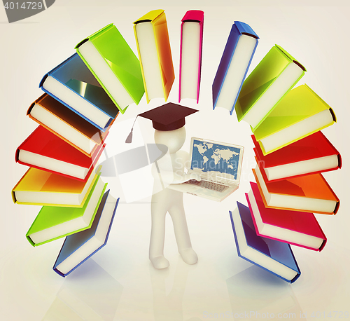 Image of Colorful books like the rainbow and 3d man in a graduation hat w