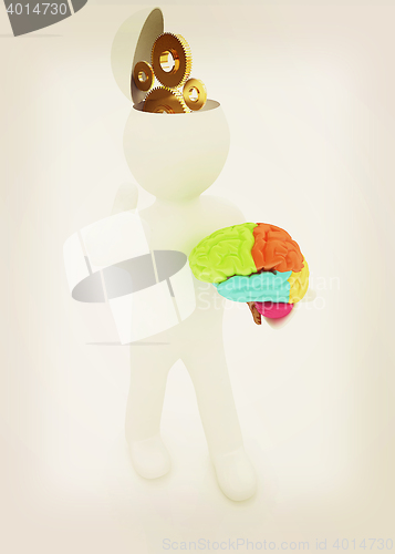 Image of 3d people - man with half head, brain and trumb up. Concept of t
