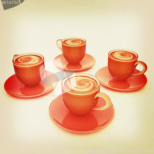 Image of Coffee cups on saucer. 3D illustration. Vintage style.