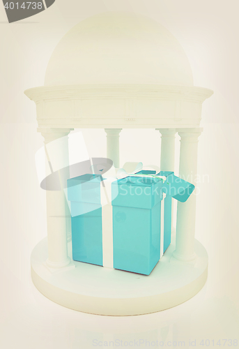 Image of Gift box in rotunda . 3D illustration. Vintage style.