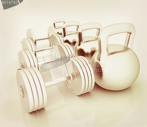 Image of Metall weights and dumbbells . 3D illustration. Vintage style.