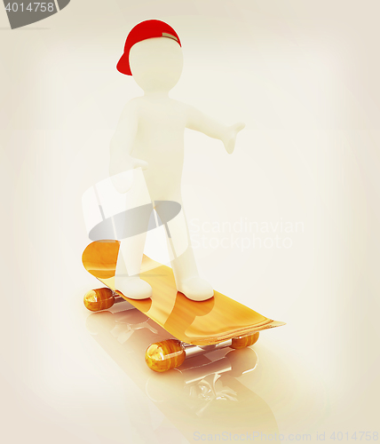 Image of 3d white person with a skate and a cap. 3D illustration. Vintage