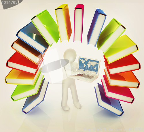 Image of Colorful books like the rainbow and 3d man with laptop . 3D illu