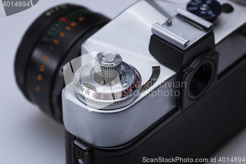 Image of Closeup of old retro film camera lens