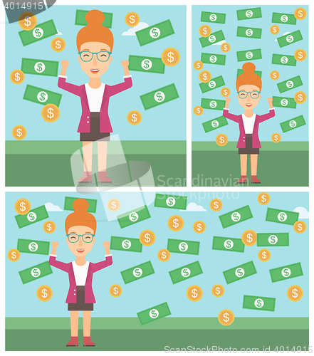 Image of Happy business woman under money rain.