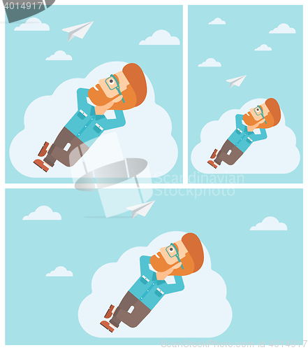 Image of Businessman lying on cloud vector illustration.