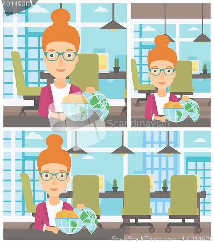 Image of Business woman with Earth globe full of money.
