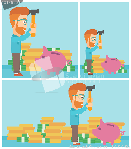 Image of Man breaking piggy bank vector illustration.