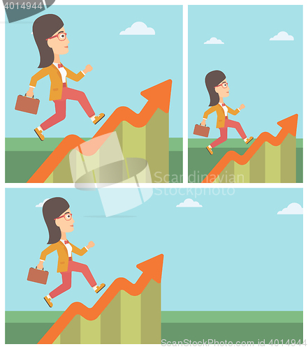 Image of Business woman running along the growth graph.