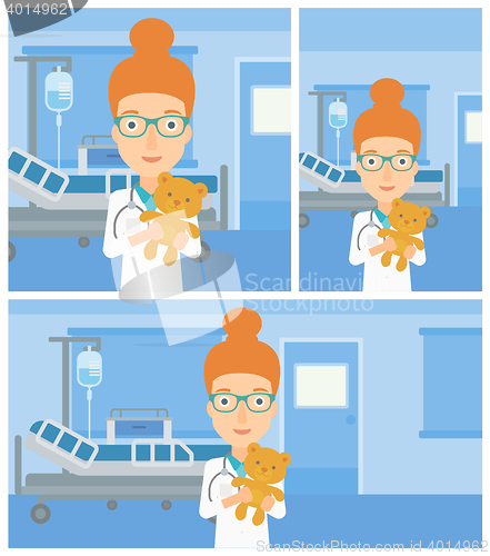 Image of Pediatrician doctor holding teddy bear.