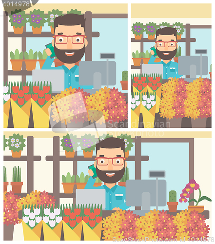 Image of Florist at flower shop vector illustration.