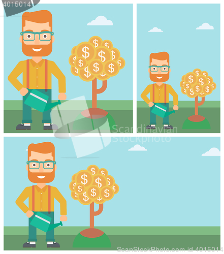 Image of Man watering money tree vector illustration.
