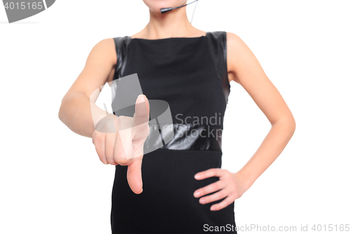 Image of Businesswoman pressing high tech type of modern buttons on a virtual keyboard