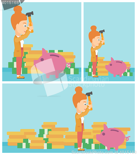 Image of Woman breaking piggy bank vector illustration.