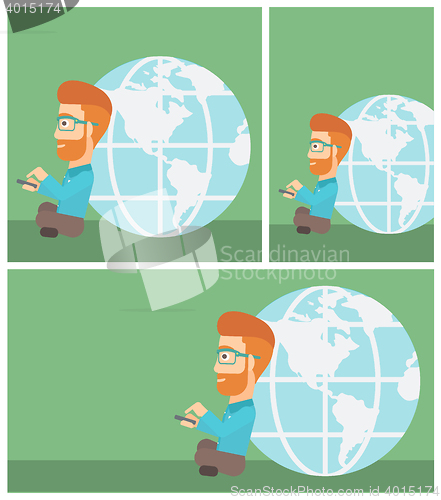 Image of Businessman sitting near Earth globe.