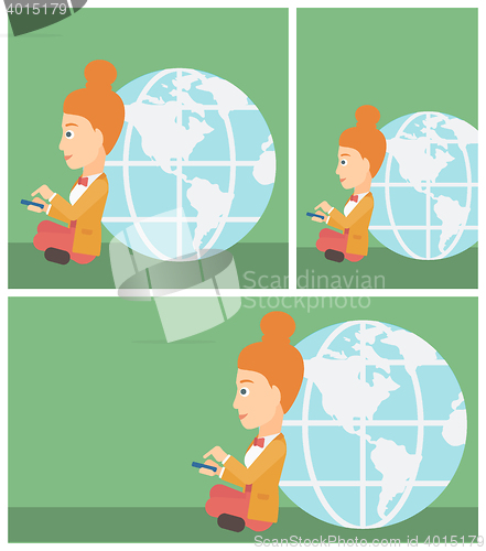 Image of Businessman sitting near Earth globe.