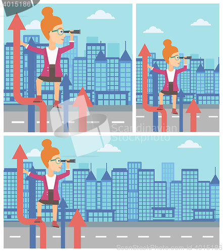 Image of Businessman woman with spyglass on rising arrow.