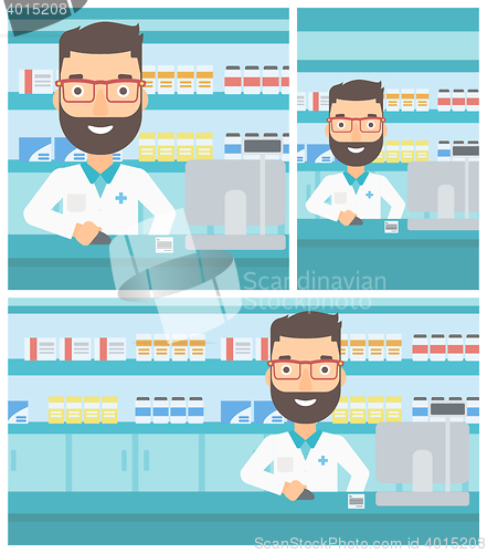Image of Pharmacist at counter with cash box.