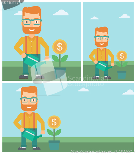 Image of Businessman watering money flower.