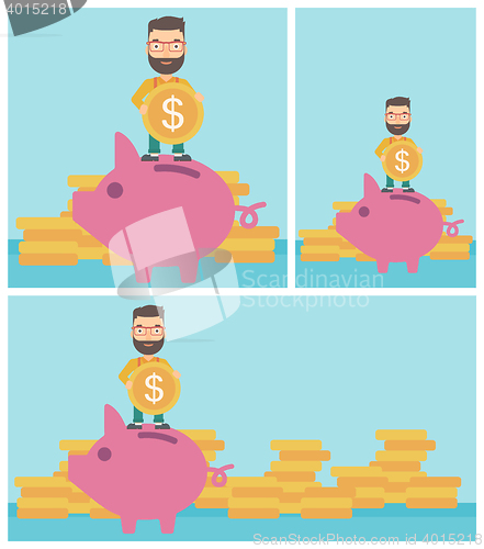 Image of Man putting coin in piggy bank vector illustration