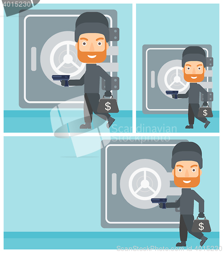 Image of Burglar with gun near safe vector illustration.