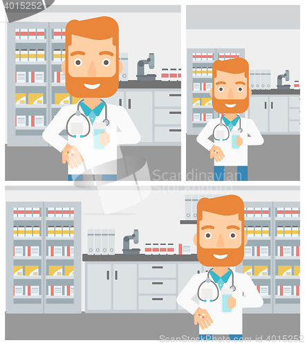 Image of Pharmacist giving pills and glass of water.