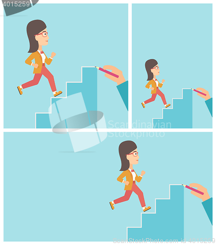 Image of Businesswoman running upstairs vector illustration